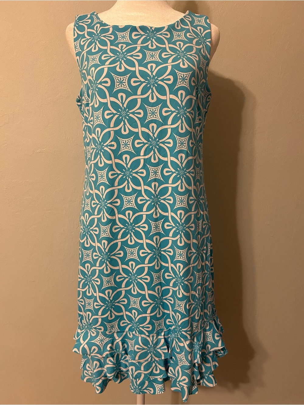 Anthony’s Sleeveless Teal and White Floral-Print Midi Dress with Ruffle Hem